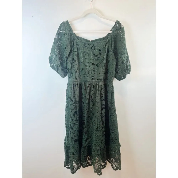 Nanette Lepore Dark Green Lace Midi Dress Puff Sleeve Holiday Size 8 - Picture 3 of 13